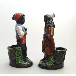 A pair antique majolica Bernhard Bloch pottery Children Figural Strikers C.19thC