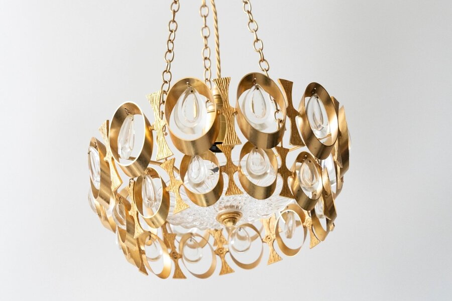 French Oval Golden And Glass Chandelier 20th Century