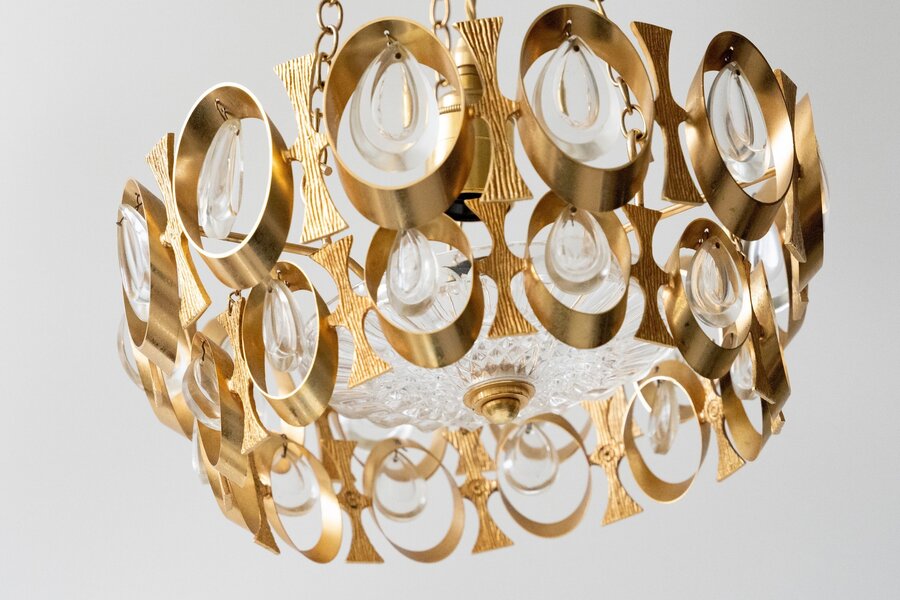 French Oval Golden And Glass Chandelier 20th Century