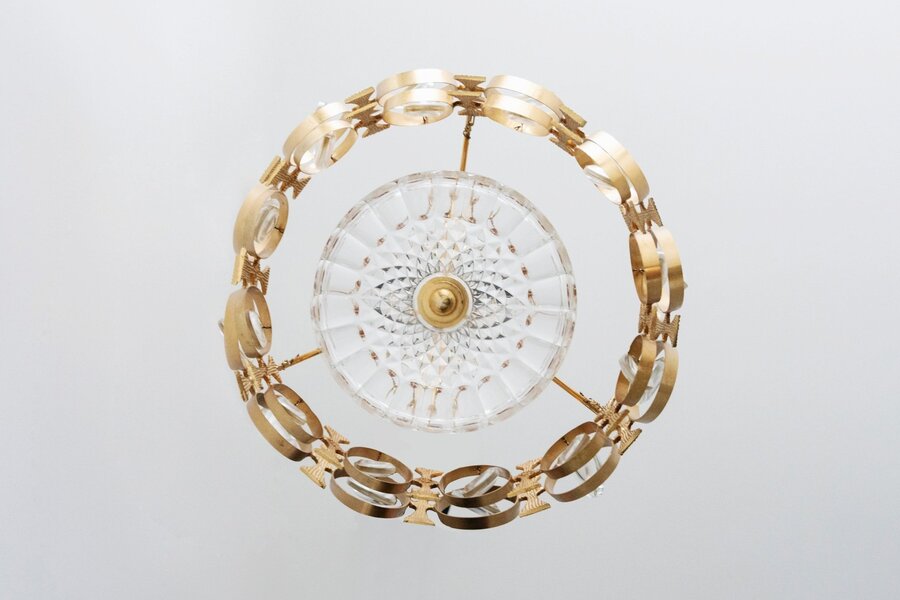 French Oval Golden And Glass Chandelier 20th Century