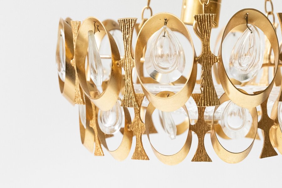 French Oval Golden And Glass Chandelier 20th Century