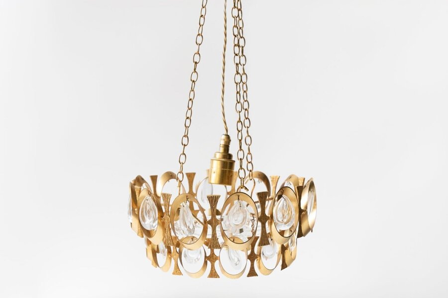French Oval Golden And Glass Chandelier 20th Century