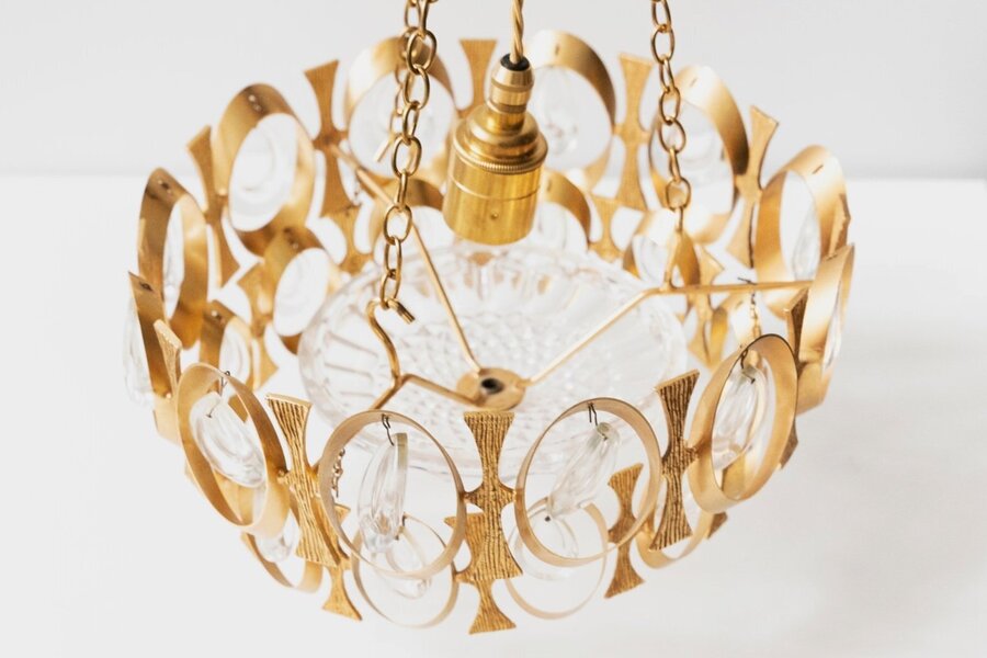 French Oval Golden And Glass Chandelier 20th Century