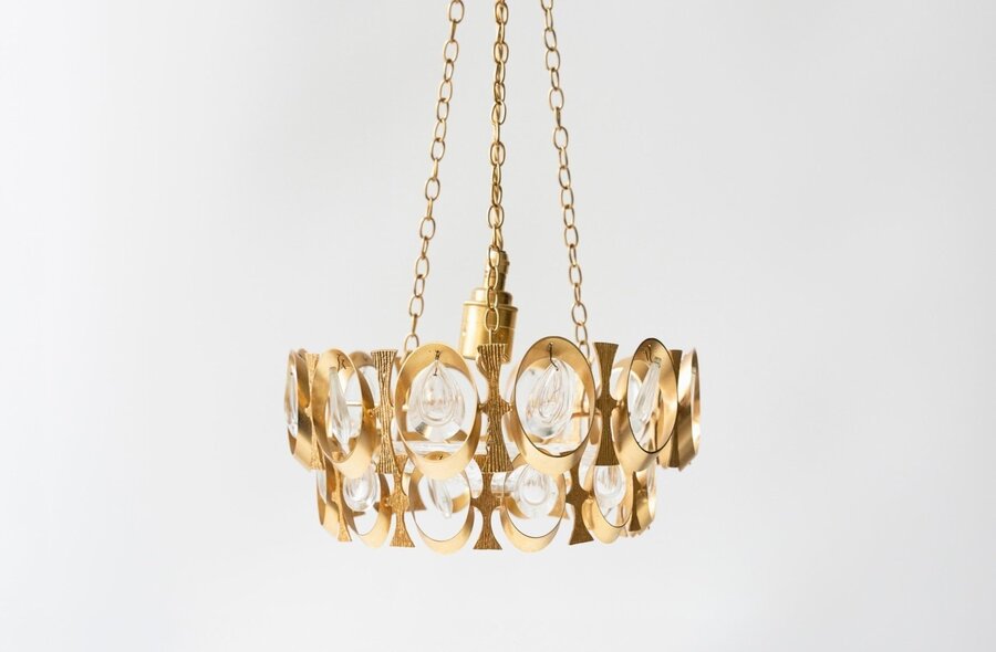 French Oval Golden And Glass Chandelier 20th Century