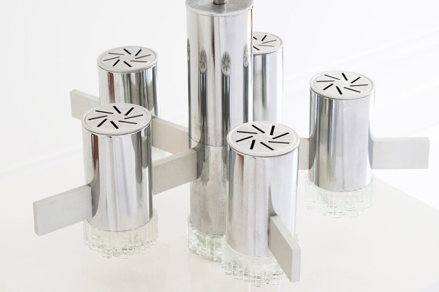 Gaetano Sciolari Cylindrical Chrome Glass 6 Light Chandelier 1970s