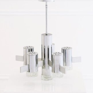 Gaetano Sciolari Cylindrical Chrome Glass 6 Light Chandelier 1970s