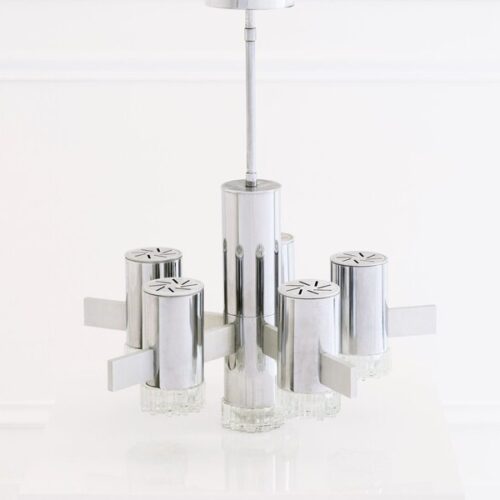 Gaetano Sciolari Cylindrical Chrome Glass 6 Light Chandelier 1970s