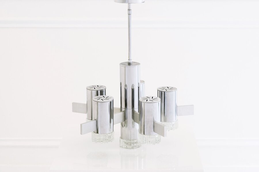 Gaetano Sciolari Cylindrical Chrome Glass 6 Light Chandelier 1970s