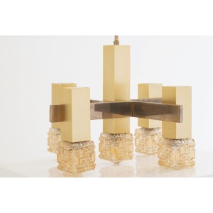 Gaetano Sciolari Golden Cubic Glass Chandelier, 1970s
