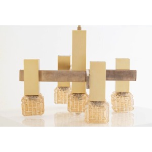Gaetano Sciolari Golden Cubic Glass Chandelier, 1970s