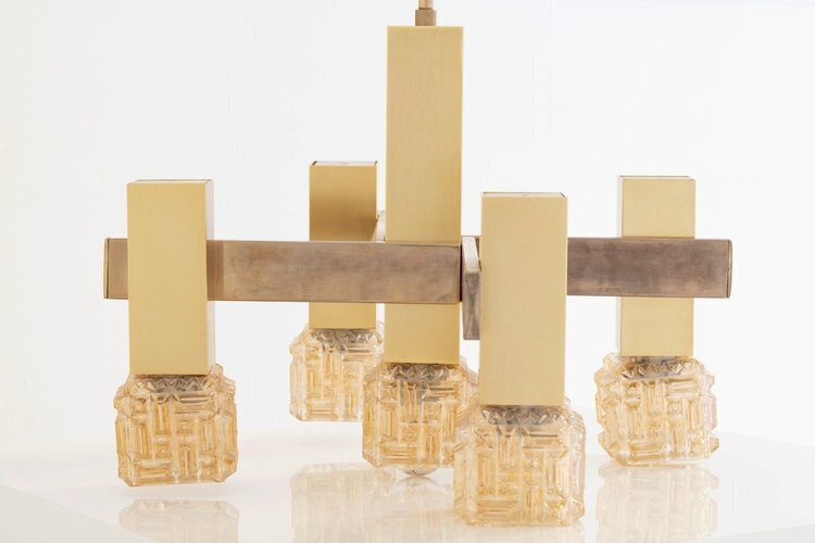 Gaetano Sciolari Golden Cubic Glass Chandelier, 1970s