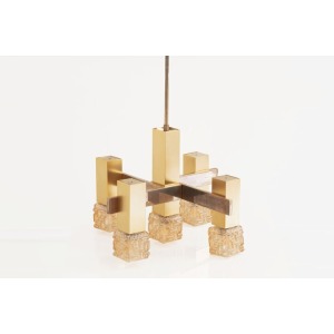 Gaetano Sciolari Golden Cubic Glass Chandelier, 1970s