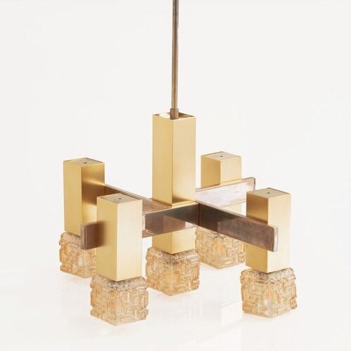 Gaetano Sciolari Golden Cubic Glass Chandelier, 1970s