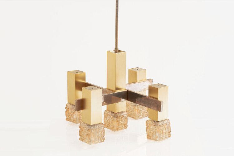 Gaetano Sciolari Golden Cubic Glass Chandelier, 1970s