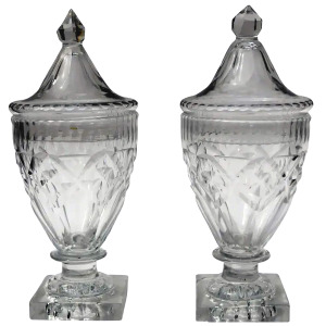 A wonderful pair of antique Georgian Irish Dublin or Cork cut glass BonBon Jars / Urns C.1790
