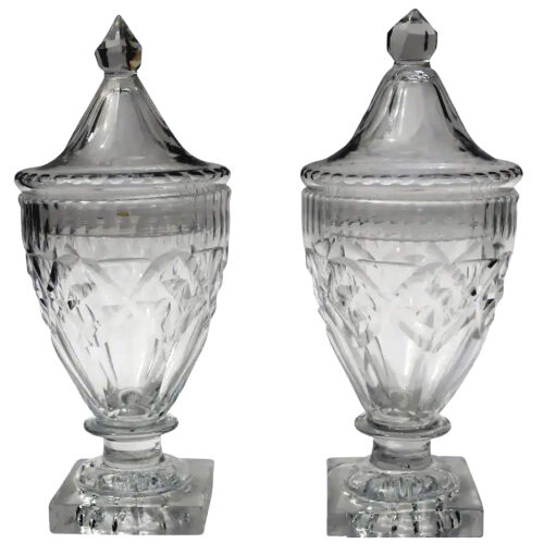 A wonderful pair of antique Georgian Irish Dublin or Cork cut glass BonBon Jars / Urns C.1790