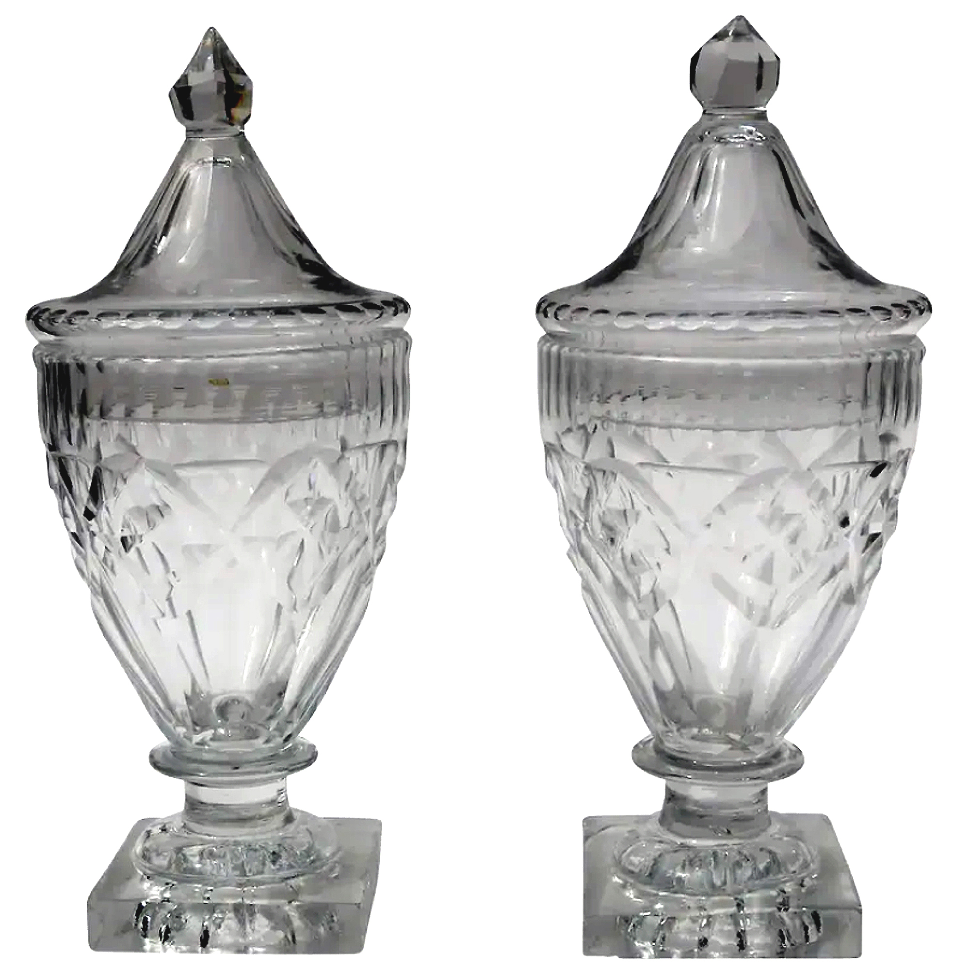 A wonderful pair of antique Georgian Irish Dublin or Cork cut glass BonBon Jars / Urns C.1790
