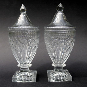 A wonderful pair of antique Georgian Irish Dublin or Cork cut glass BonBon Jars / Urns C.1790