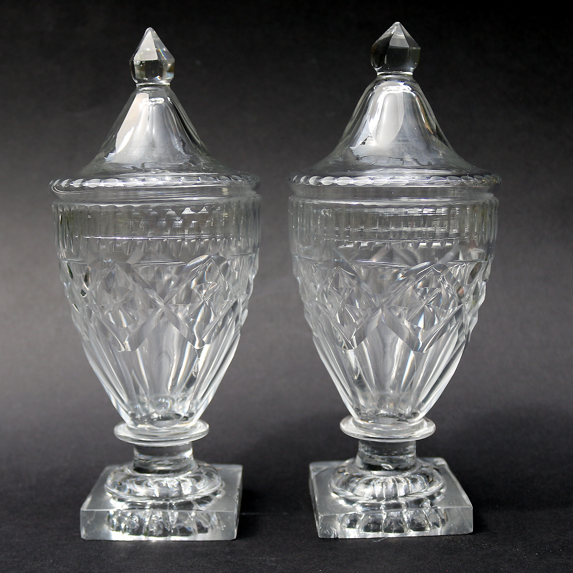 A wonderful pair of antique Georgian Irish Dublin or Cork cut glass BonBon Jars / Urns C.1790