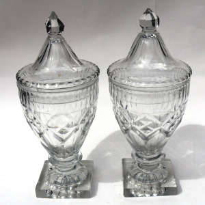 A wonderful pair of antique Georgian Irish Dublin or Cork cut glass BonBon Jars / Urns C.1790