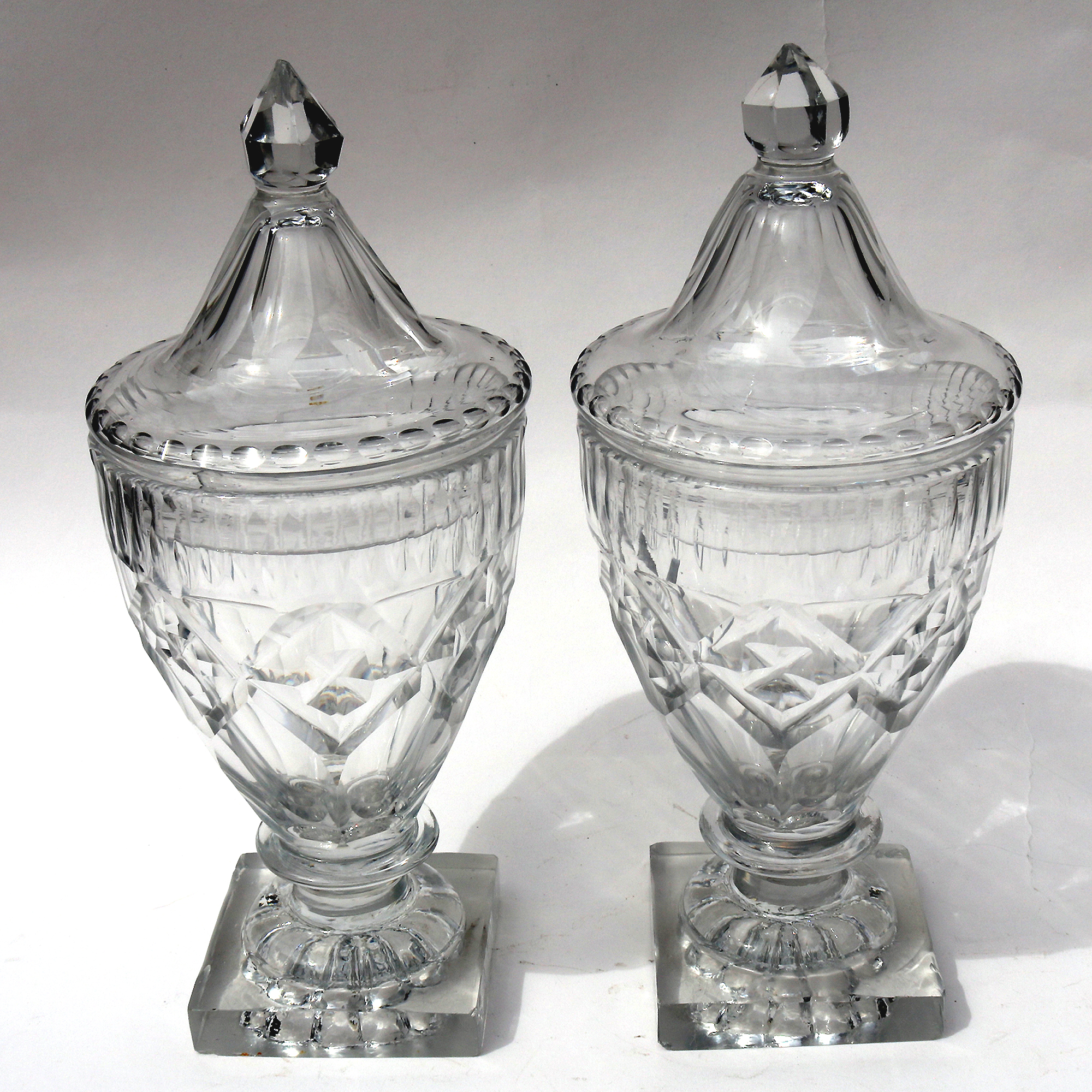 A wonderful pair of antique Georgian Irish Dublin or Cork cut glass BonBon Jars / Urns C.1790