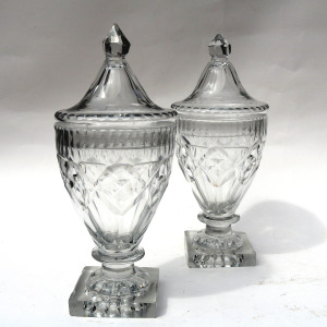 A wonderful pair of antique Georgian Irish Dublin or Cork cut glass BonBon Jars / Urns C.1790
