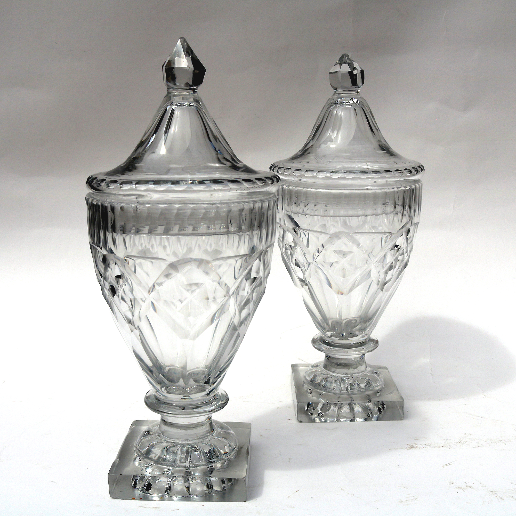 A wonderful pair of antique Georgian Irish Dublin or Cork cut glass BonBon Jars / Urns C.1790