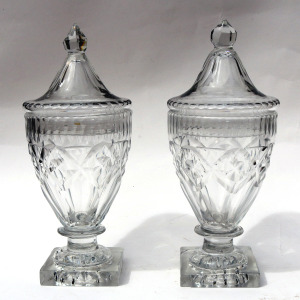 A wonderful pair of antique Georgian Irish Dublin or Cork cut glass BonBon Jars / Urns C.1790