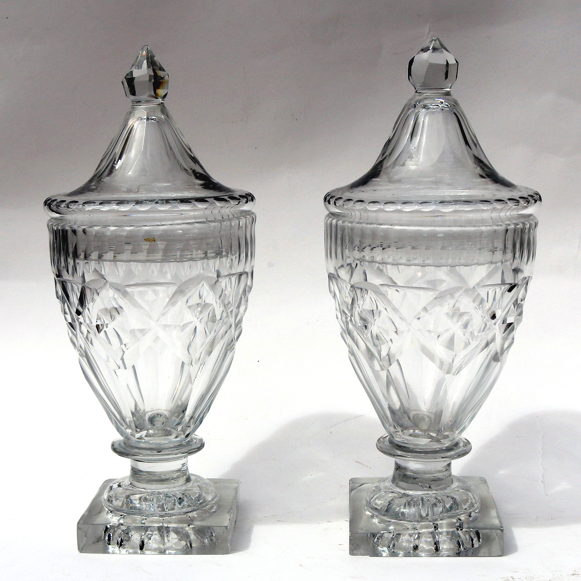 A wonderful pair of antique Georgian Irish Dublin or Cork cut glass BonBon Jars / Urns C.1790
