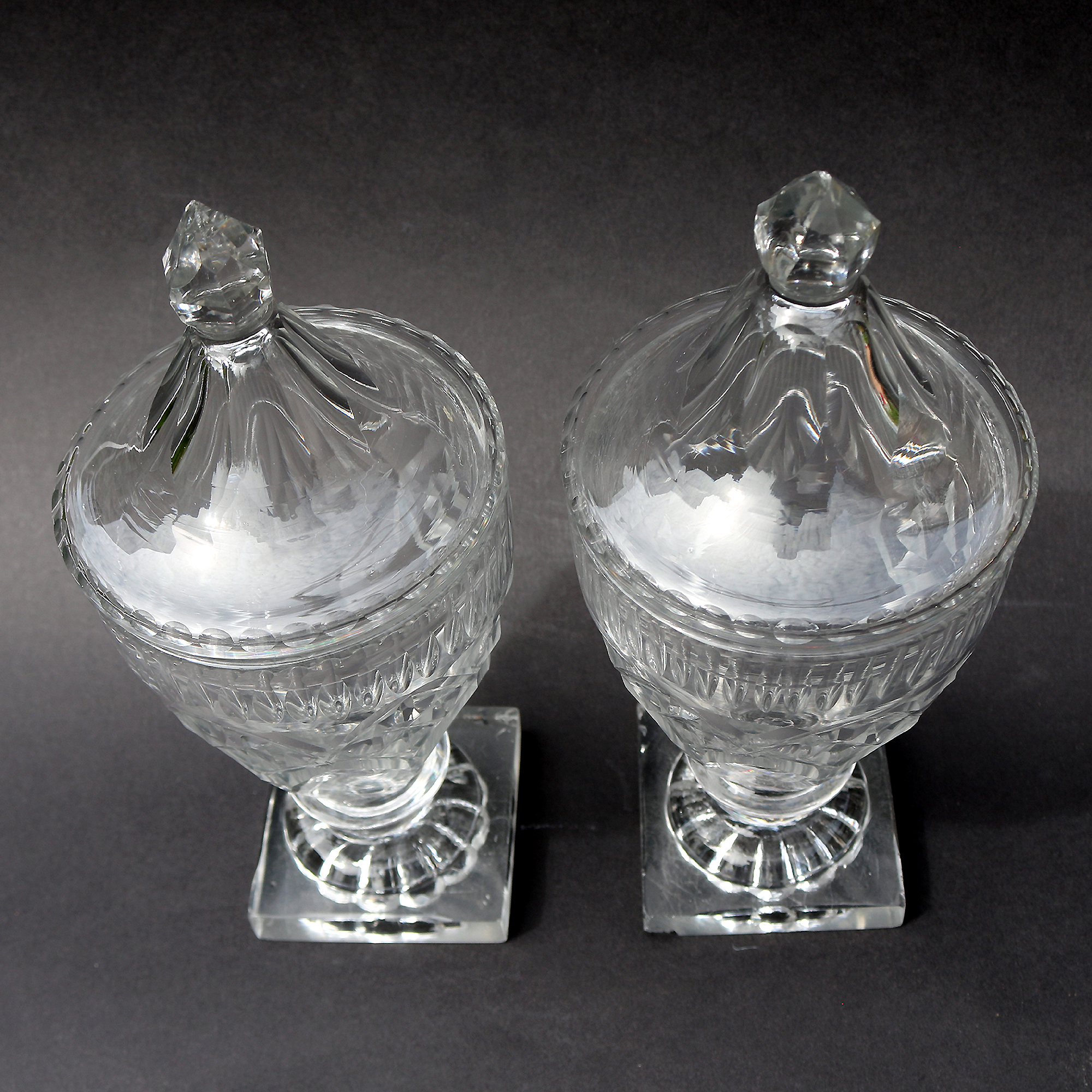 A wonderful pair of antique Georgian Irish Dublin or Cork cut glass BonBon Jars / Urns C.1790
