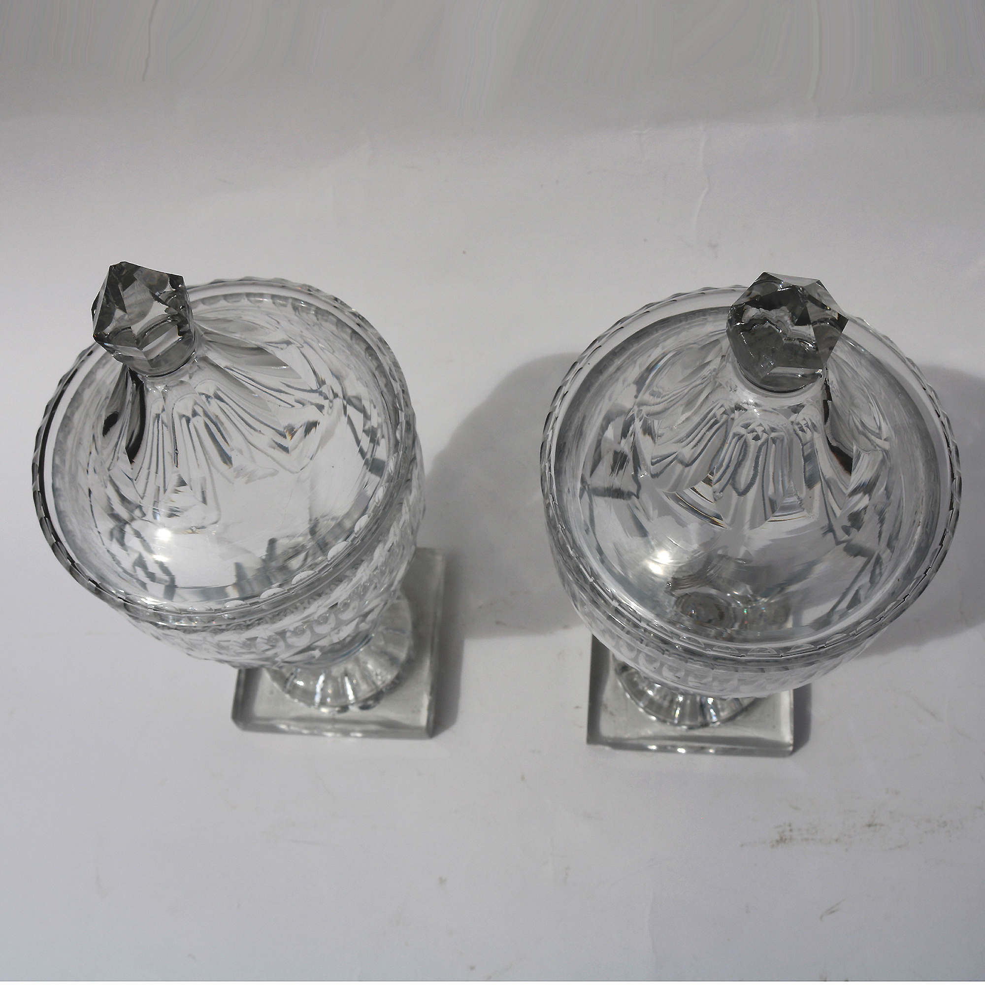 A wonderful pair of antique Georgian Irish Dublin or Cork cut glass BonBon Jars / Urns C.1790