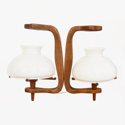 Guillerme, Chambron And Danikowski 20th Century Chandelier In Oak And Opaline