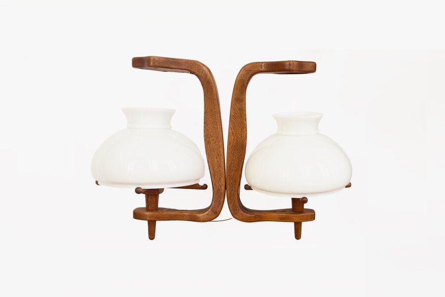 Guillerme, Chambron And Danikowski 20th Century Chandelier In Oak And Opaline
