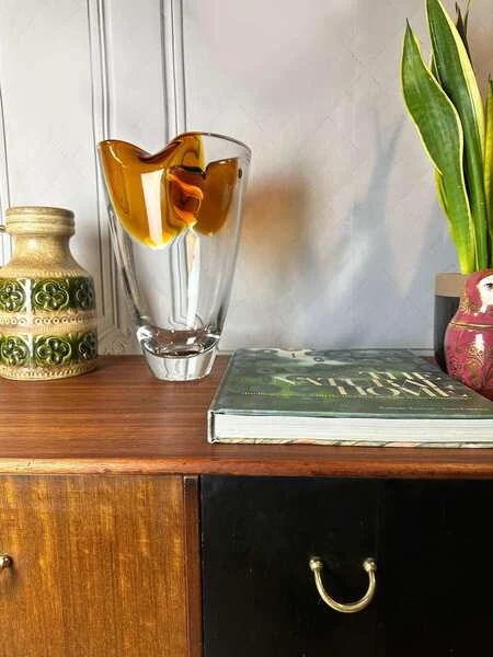 Impressive Mid Century Polish Art Glass Vase, Heavy Vintage Glass Vase, Mcm Home Decor, Vintage Glass, Made In Poland, Handmade, 1970