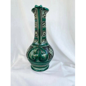 Large Vintage Earthenware Siglo XIII Paterna Jug Pitcher With Green Black Geometric Motif