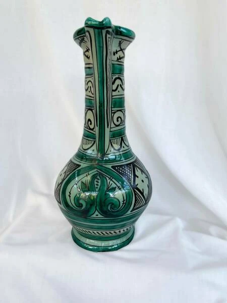 Large Vintage Earthenware Siglo XIII Paterna Jug Pitcher With Green Black Geometric Motif