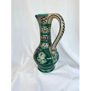 Large Vintage Earthenware Siglo XIII Paterna Jug Pitcher With Green Black Geometric Motif