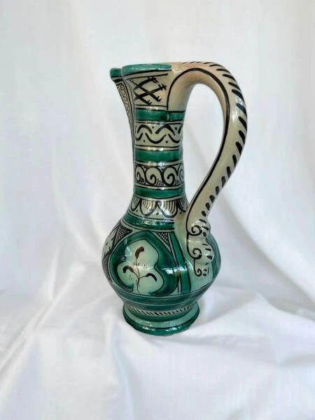 Large Vintage Earthenware Siglo XIII Paterna Jug Pitcher With Green Black Geometric Motif