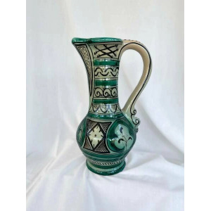 Large Vintage Earthenware Siglo XIII Paterna Jug Pitcher With Green Black Geometric Motif