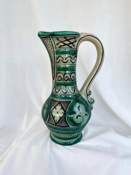Large Vintage Earthenware Siglo XIII Paterna Jug Pitcher With Green Black Geometric Motif