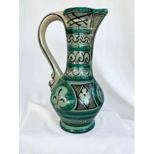 Large Vintage Earthenware Siglo XIII Paterna Jug Pitcher With Green Black Geometric Motif