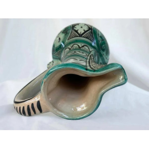 Large Vintage Earthenware Siglo XIII Paterna Jug Pitcher With Green Black Geometric Motif