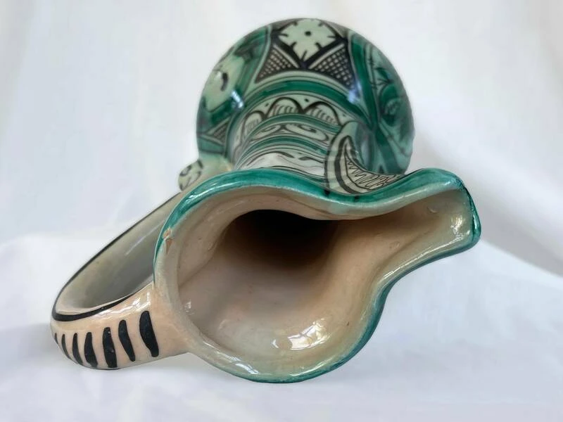 Large Vintage Earthenware Siglo XIII Paterna Jug Pitcher With Green Black Geometric Motif