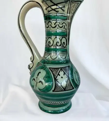 Large Vintage Earthenware Siglo XIII Paterna Jug Pitcher With Green Black Geometric Motif