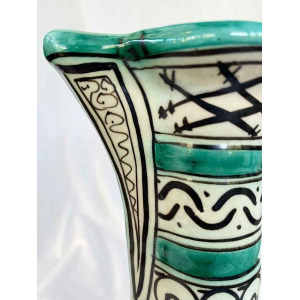 Large Vintage Earthenware Siglo XIII Paterna Jug Pitcher With Green Black Geometric Motif