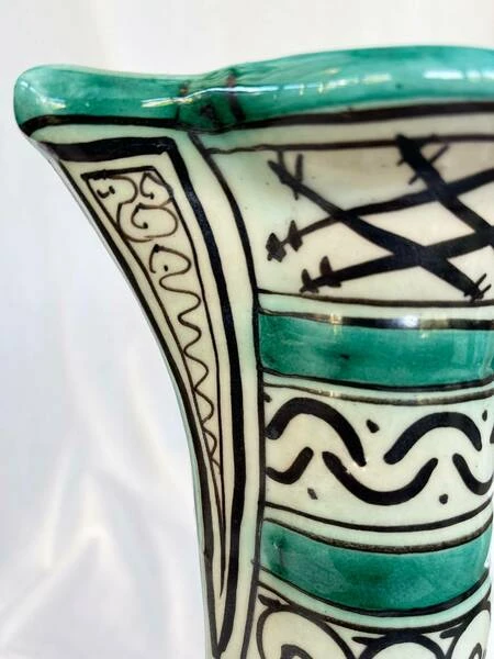 Large Vintage Earthenware Siglo XIII Paterna Jug Pitcher With Green Black Geometric Motif