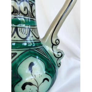 Large Vintage Earthenware Siglo XIII Paterna Jug Pitcher With Green Black Geometric Motif