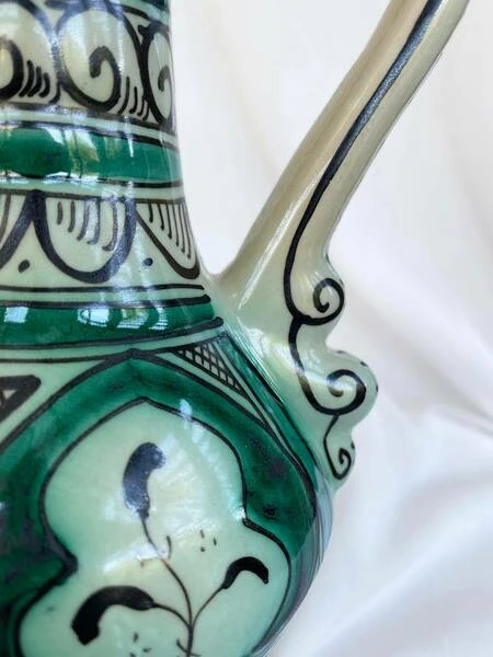Large Vintage Earthenware Siglo XIII Paterna Jug Pitcher With Green Black Geometric Motif
