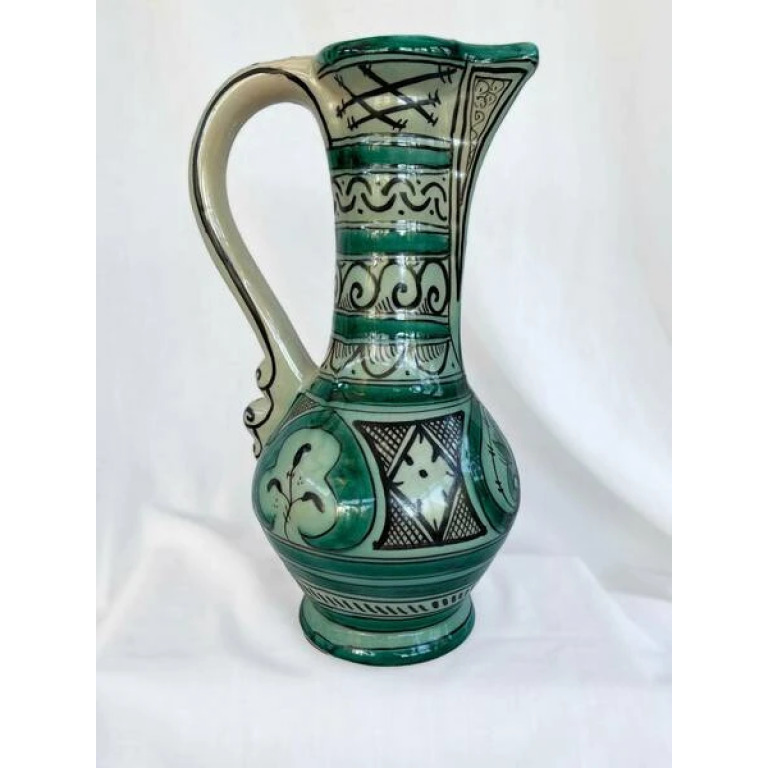 Large Vintage Earthenware Siglo XIII Paterna Jug Pitcher With Green Black Geometric Motif