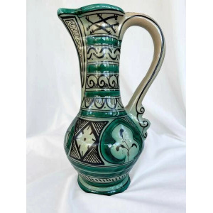 Large Vintage Earthenware Siglo XIII Paterna Jug Pitcher With Green Black Geometric Motif